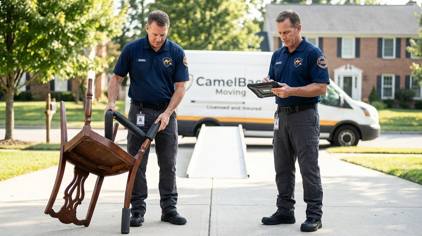 Movers inspecting furniture for damage prevention before loading in East Brunswick, NJ