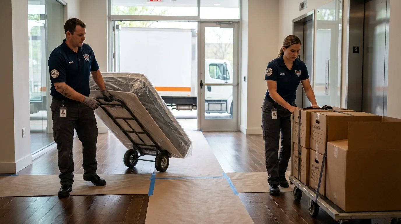 Professional apartment movers loading elevator in East Brunswick, NJ
