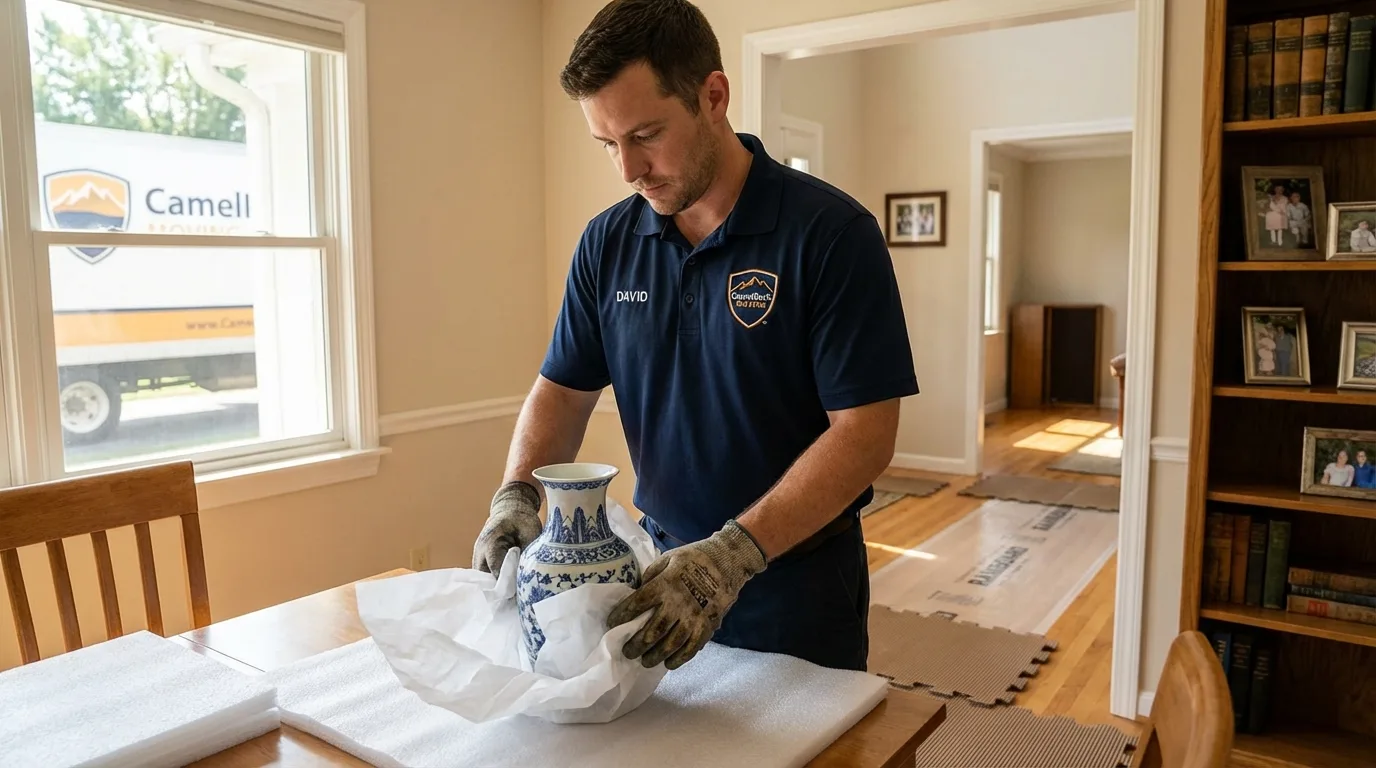 Professional crew carefully wrapping antique vase for senior downsizing move in East Brunswick, NJ